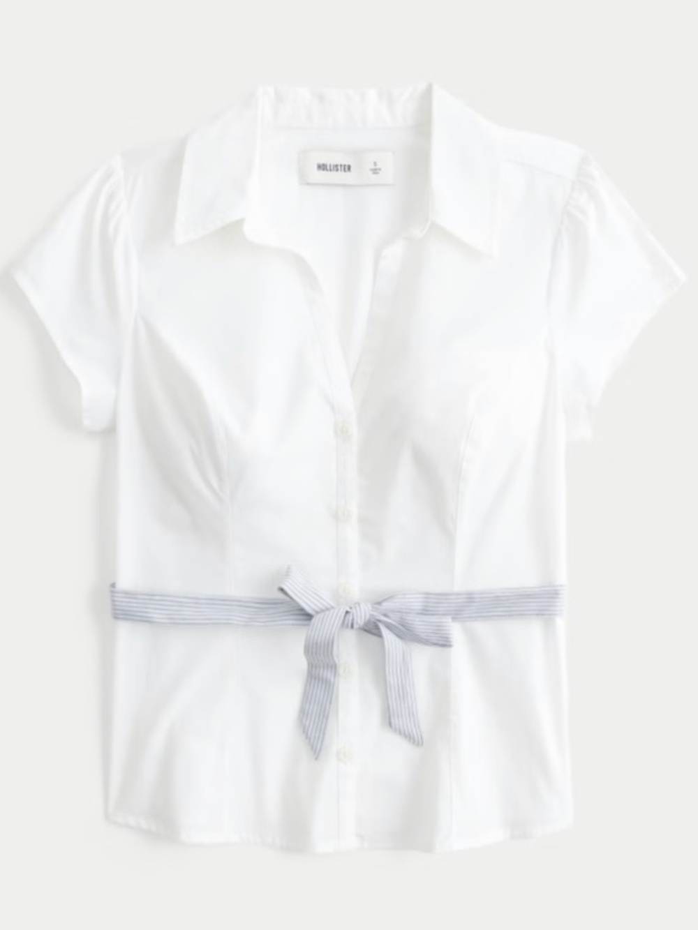 Hollister White Cap Sleeve Button-Down Blouse with Light Blue Waist Tie